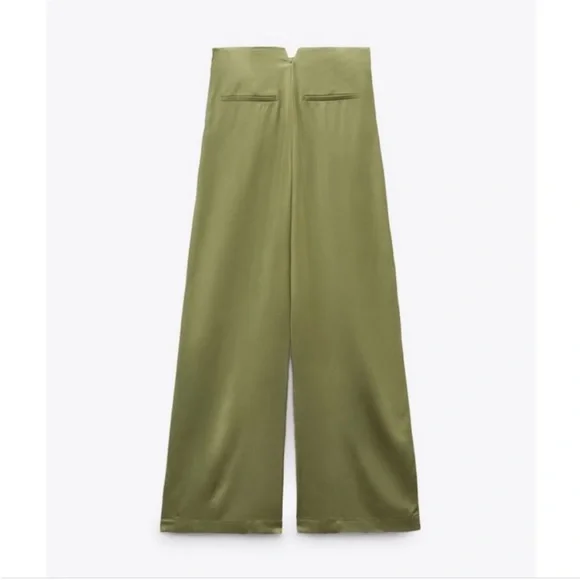 ZARA Wide Leg Green Satin Pants - Picture 6 of 11